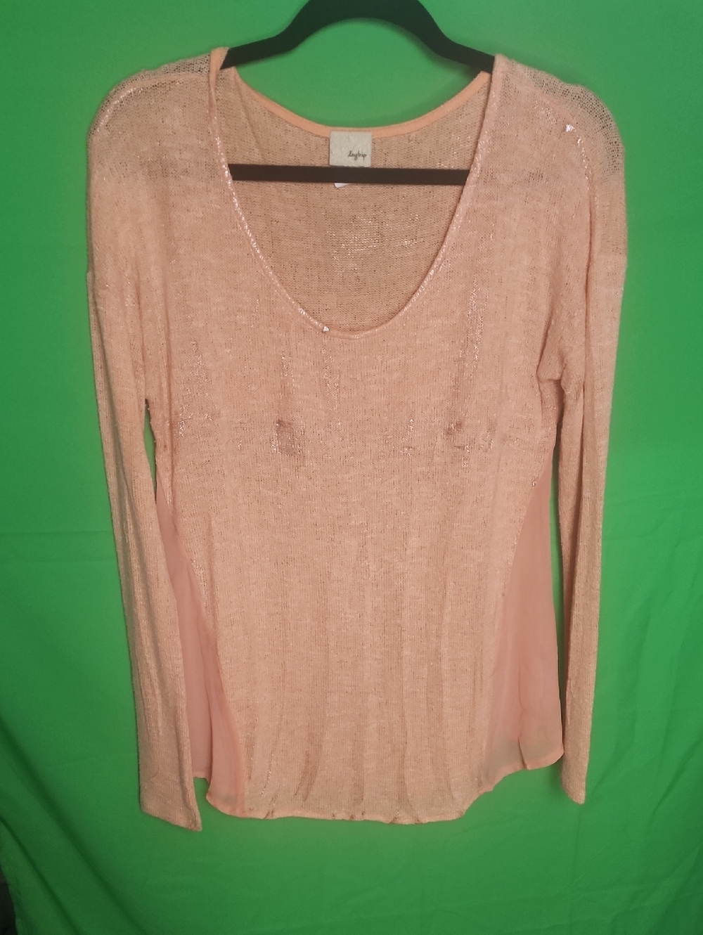 Daytrip Peach Open Knit Metallic Shimmer Long Sleeve Sweater Sheer Panels Medium